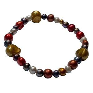 Beaded Red Gold Silver Stretch Holiday Party Bracelet